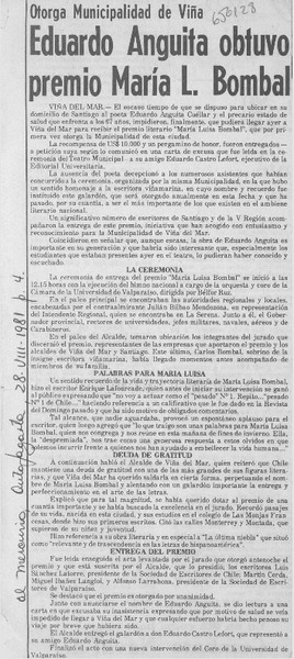 Eduardo Anguita obtuvo premio María L. Bombal.