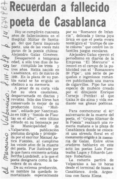 Recuerdan a fallecido poeta de Casablanca