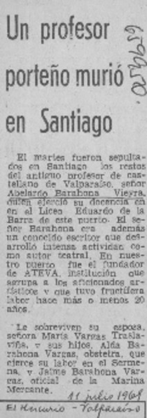 Un Profesor porteño murió en Santiago.  [artículo]