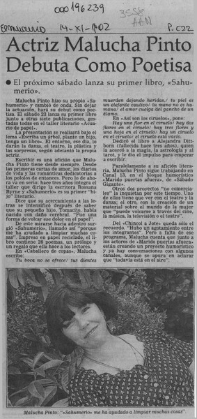 Actriz Malucha Pinto debuta como poetisa  [artículo].