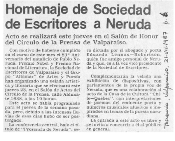 Homenaje de Sociedad de Escritores a Neruda  [artículo].