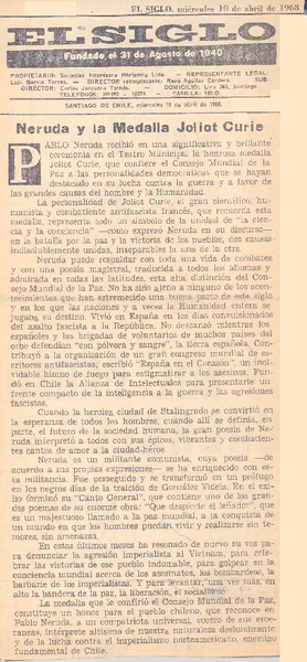 Neruda y la medalla Joliot Curie.