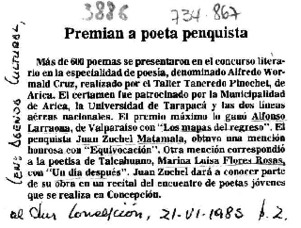 Premian a poeta penquista.