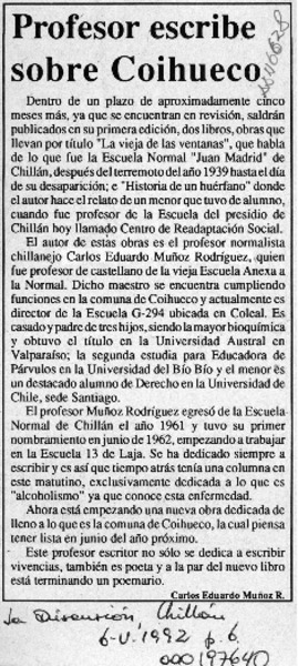 Profesor escribe sobre Coihueco  [artículo].