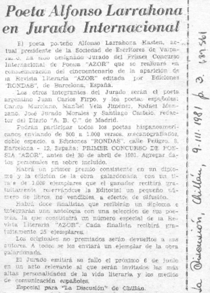 Poeta Alfonso Larrahona en jurado internacional.