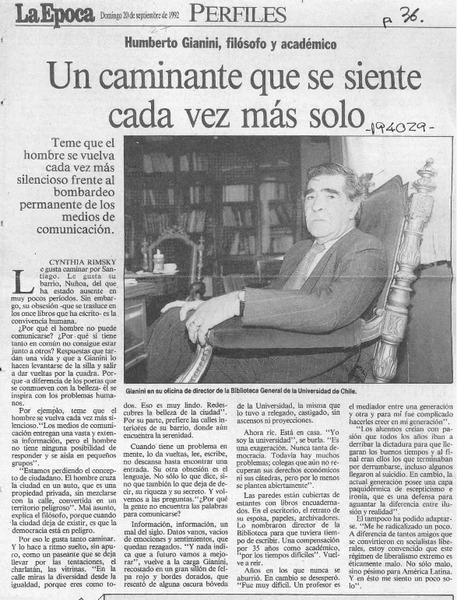 Un caminante que se siente cada vez más solo  [artículo] Cynthia Rimsky.