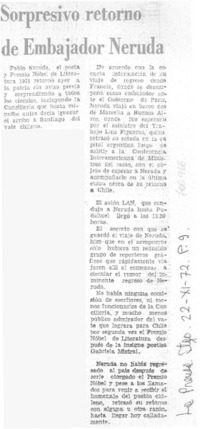 Sorpresivo retorno de embajador Neruda.