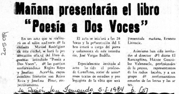 Mañana presentarán el libro "Poesía a dos voces"  [artículo].