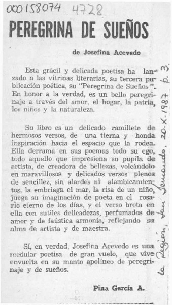 Peregrina de sueños  [artículo] Pina García A.