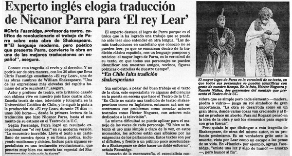 Experto inglés elogia traducción de Nicanor Parra para "El rey Lear"