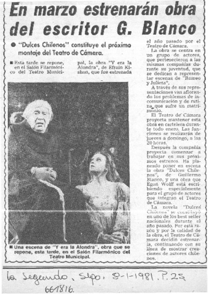 En marzo estrenarán obra del escritor G. Blanco.  [artículo]