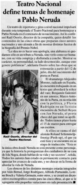 Teatro Nacional define temas de homenaje a Pablo Neruda.