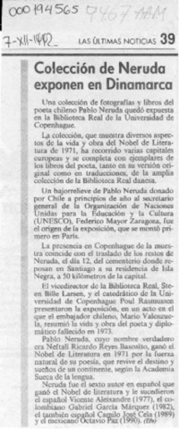Colección de Neruda exponen en Dinamarca  [artículo].