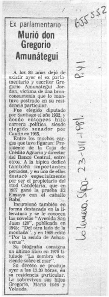 Murió don Gregorio Amunátegui  [artículo]