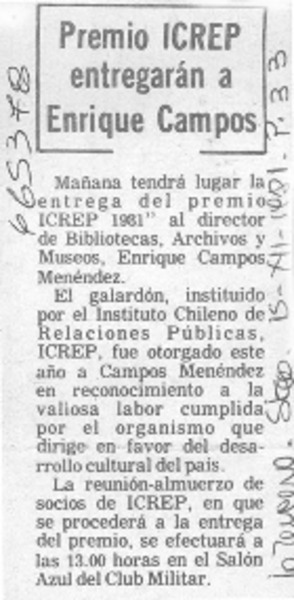 Premio ICREP entregarán a Enrique Campos.