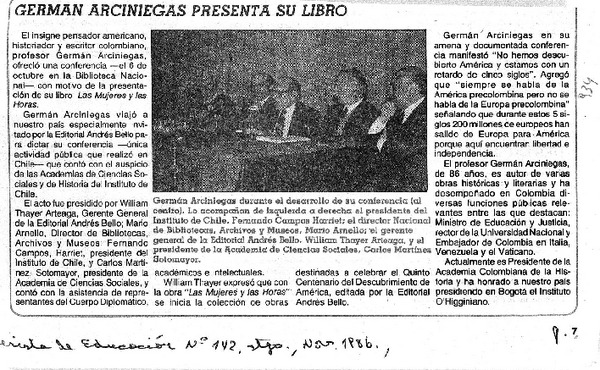 Germán Arciniegas presenta su libro.