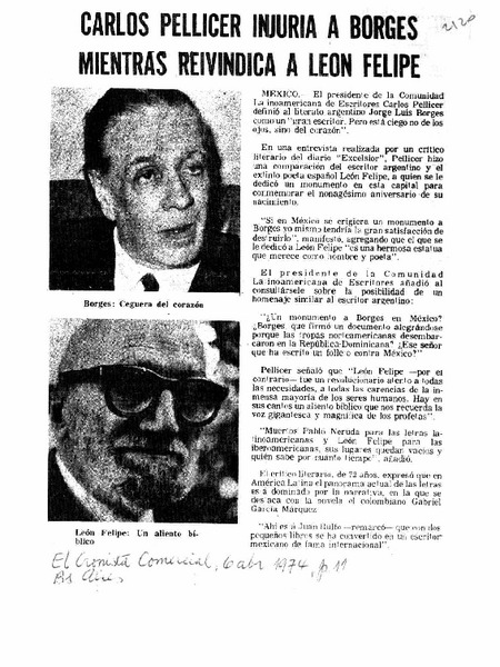 Carlos Pellicer injuria a Borges mientras reivindica a León Felipe.