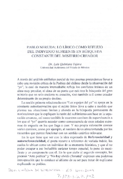 Pablo Neruda : lo lírico como reflejo del individuo sufriente en búsqueda constante del misterio creador