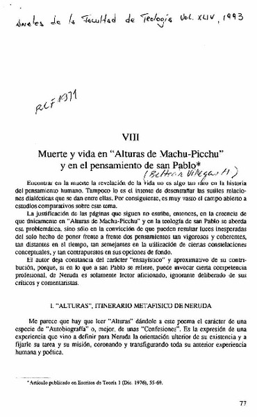 Muerte y vida en &#34;Alturas de Machu-Picchu&#34; y en el pensamiento de San Pablo  [artículo] Beltrán Villegas M.
