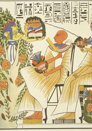 Iconograf�a de un Matrimonio recibiendo ofrendas de la diosa Hathor apareciendo del interior de un sicomoro (reproducci�n de Rosellini).