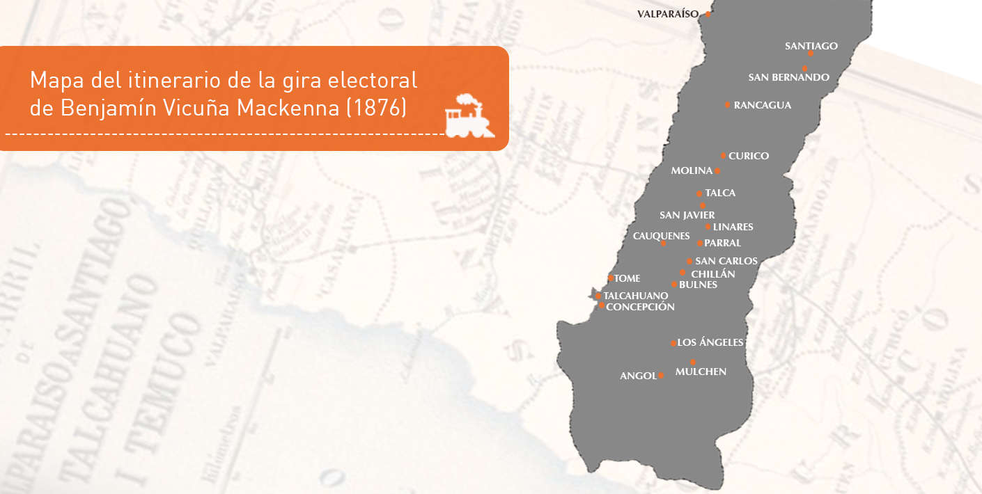 Itinerario de la gira electoral de Benjamín Vicuña Mackenna en 1876 por el sur de Chile. Itinerario de la gira electoral de Benjamín Vicuña Mackenna en 1876 por el sur de Chile.