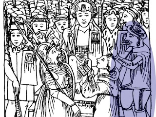 As Felipe Guaman Poma de Ayala represent el encuentro de Cajamarca. Al medio est Atahualpa y a sus pies Francisco Pizarro (izquierda) y fray Vicente Valverde (derecha). De pie, a su derecha, est Felipillo.