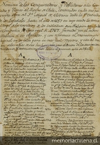 Nómina de los conquistadores y pobladores de las ciudades y plazas del Reyno de Chile, contenidos en la manuscrita obra del P[adr]e Miguel de Olivares desde la entrada de los españoles hasta el año de 1657