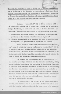 Resolución N° 113: Exención del trámite de toma de razón por la Contraloría General de la República de los decretos y resoluciones relativos a detenciones aplicadas durante los regímenes de emergencia y relativos a órdenes de expulsión o abandono del país y prohibiciones de ingreso a él por razones de seguridad del Estado, Santiago, 26 de enero de 1978 Resolución N° 113: Exención del trámite de toma de razón por la Contraloría General de la República de los decretos y resoluciones relativos a detenciones aplicadas durante los regímenes de emergencia y relativos a órdenes de expulsión o abandono del país y prohibiciones de ingreso a él por razones de seguridad del Estado, Santiago, 26 de enero de 1978