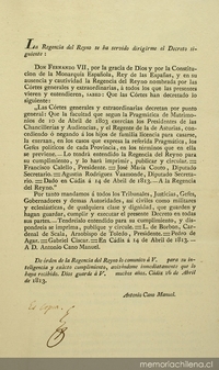 La regencia del Reyno se ha servido dirigirme el Decreto siguiente: Don Fernando VII ... sabed que las Cortes han decretado lo siguiente. Las Cortes Generales y extraordinarias decretan por punto general, que la facultad que según la Pragmática de Matrimonios de 10 de Abril de 1803 ... En Cádiz á 14 de abril de 1813