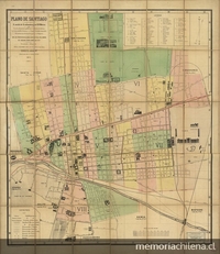 Plano de Santiago, con las divisiones politicas y administrativas, los ferrocarriles Urbanos i a Vapor. Establecimientos de instrucción de beneficencia i religiosos. Con los proyectos de canalización del Río, Camino de Cintura, Ferrocarriles, etc.