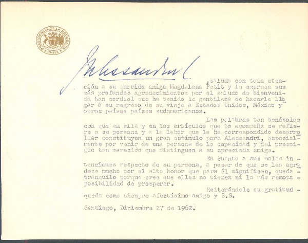 [Carta], 1962 dic. 27 Santiago, Chile <a> Magdalena Petit
