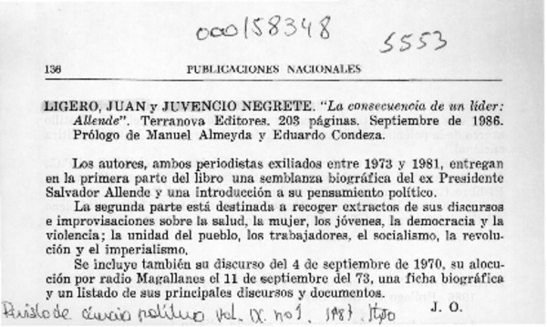 "La consecuencia de un líder, Allende"  [artículo] J. O.