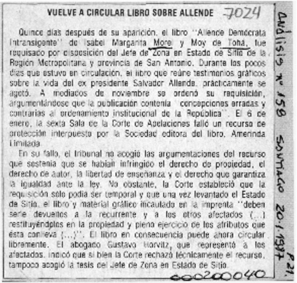 Vuelve a circular libro sobre Allende  [artículo].
