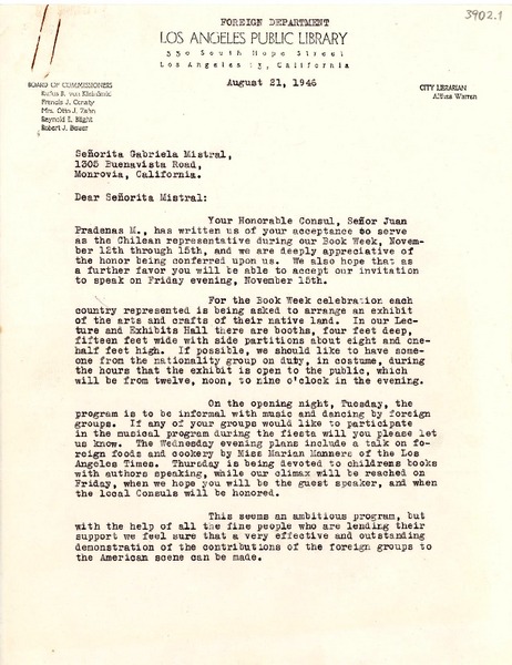 [Carta] 1946 ago. 21, Los Ángeles, California [a] Gabriela Mistral, Monrovia, California
