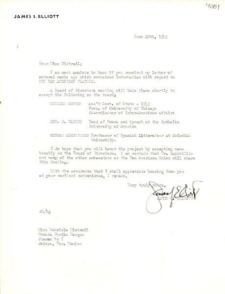 [Carta] 1949 jun. 20, [EE.UU.] [a] [Gabriela] Mistrail [i.e. Mistral], Jalapa, Ver., México