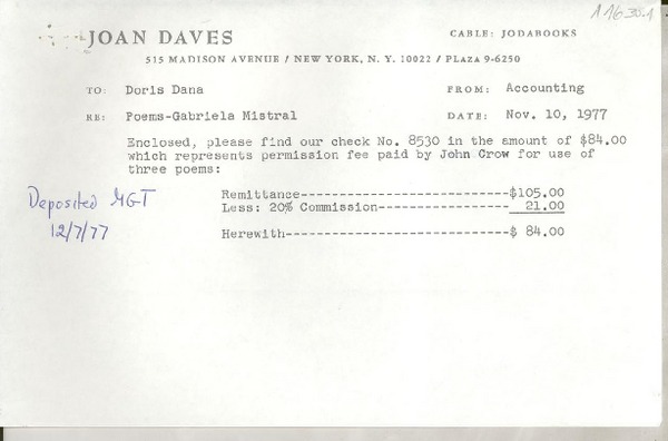 [Recibo] 1977 Nov. 10, New York, [EE.UU.] [a] Doris Dana, [EE.UU.]