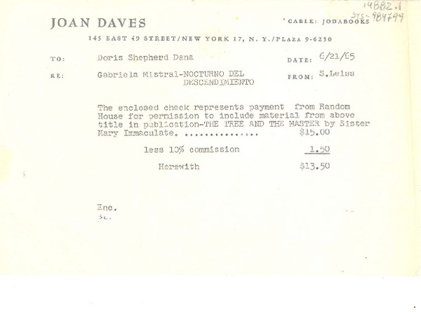 [Telegrama] 1965 jun 21, New York, [Estados Unidos] [a] Doris Shepherd Dana, [Estados Unidos]