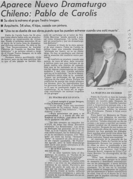 Aparece nuevo dramaturgo chileno, Pablo de Carolis : [entrevista]