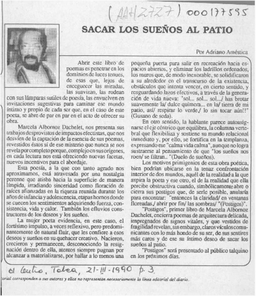 Sacar los sueños al patio  [artículo] Adriano Améstica.