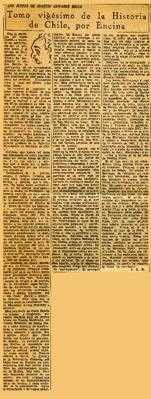 Tomo vigésimo de la Historia de Chile, por Encina  [artículo] Joaquín Edwards Bello.