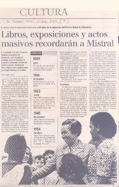 La poeta recibirá numerosos homenajes a 60 años de la obtención del Premio Nobel de Literatura : libros, exposiciones y actos masivos recordarán a Mistral