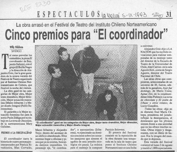 Cinco premios para "El coordinador"  [artículo] Willy Nikiforos.