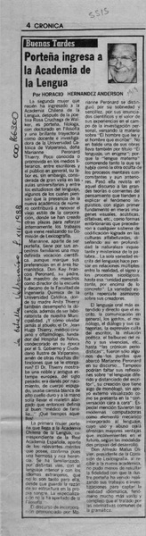 Porteña ingresa a la Academia de la Lengua  [artículo] Horacio Hernández Anderson.
