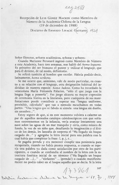 Recepción de Luis Gómez Macker como Miembro de Número de la Academia Chilena de la Lengua  [artículo] Ernesto Livacíc Gazzano.