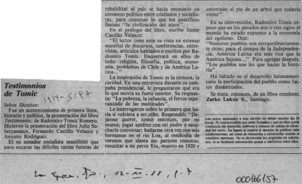 Testimonios de Tomic  [artículo] Zarko Luksic S.