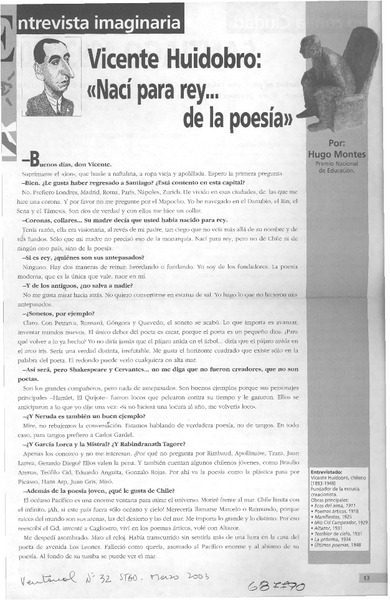 Vicente Huidobro, "nací para rey -- de la poesía"