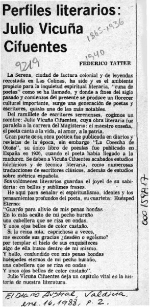 Perfiles literarios, Julio Vicuña Cifuentes  [artículo] Federico Tatter.