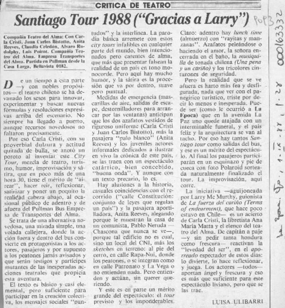 Santiago Tour 1988 ("Gracias a Larry")  [artículo] Luisa Ulibarri.