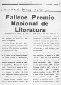 Fallece Premio Nacional de Literatura  [artículo].