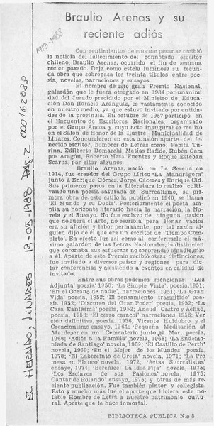 Braulio Arenas y su reciente adiós  [artículo].